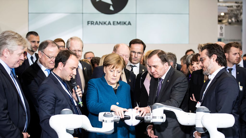 Chancellor of the Federal Republic of Germany Dr. Angela Merkel and Prime Minister of Sweden H.E. Stefan Löfven visiting Franka Emika’s booth